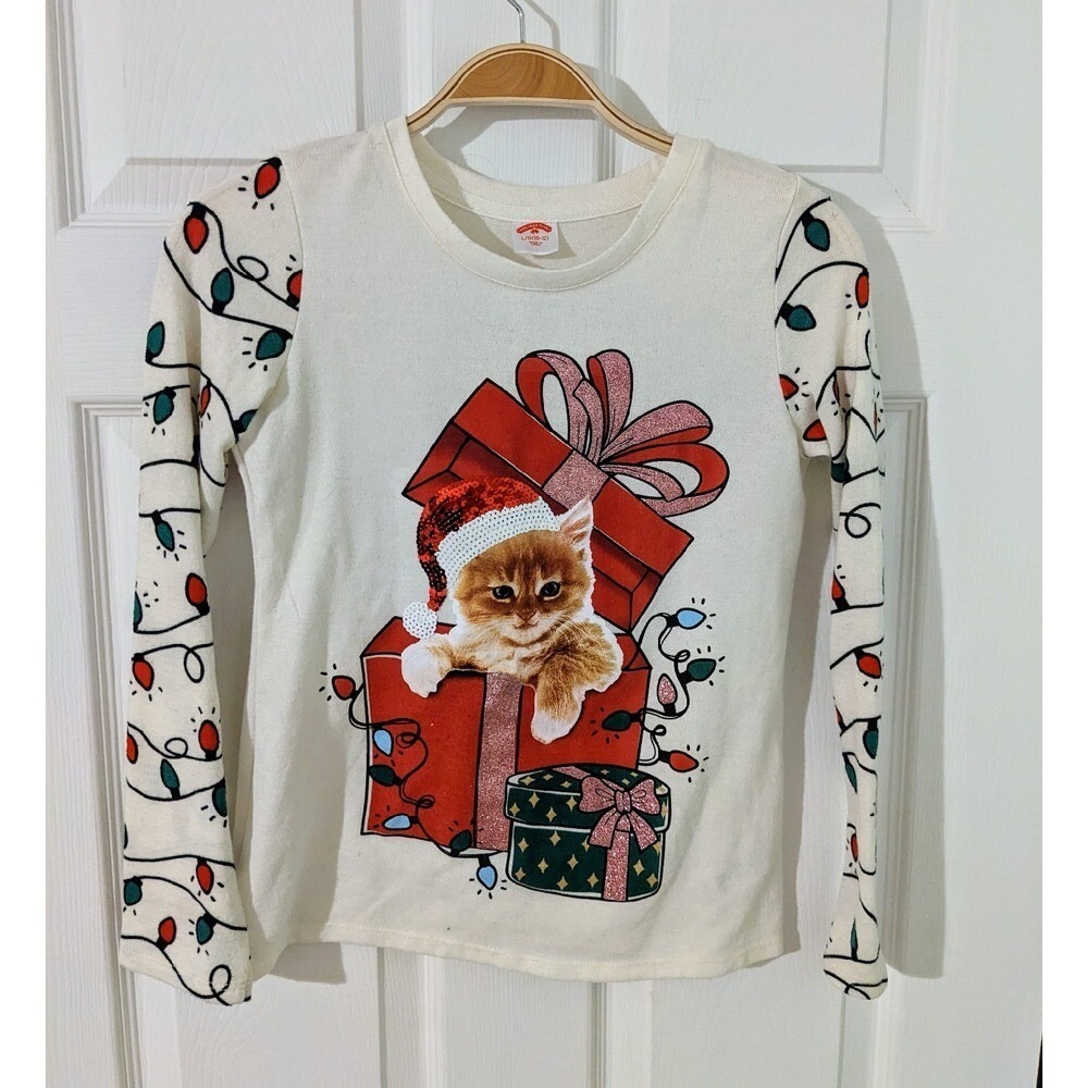 Holiday Time Christmas Cat Present Lights Long Sleeve Shirt L(10-12) Cream